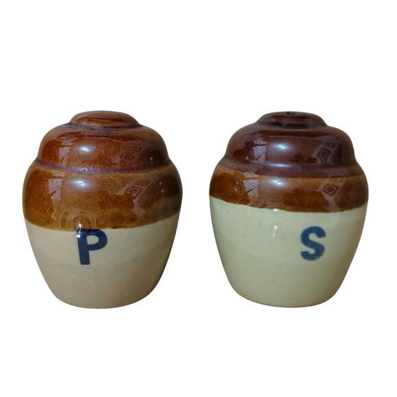 1970s Vintage Cruet Set Salt and Pepper Brown Cream Round Glazed Ceramic Shakers - Picture 1 of 4